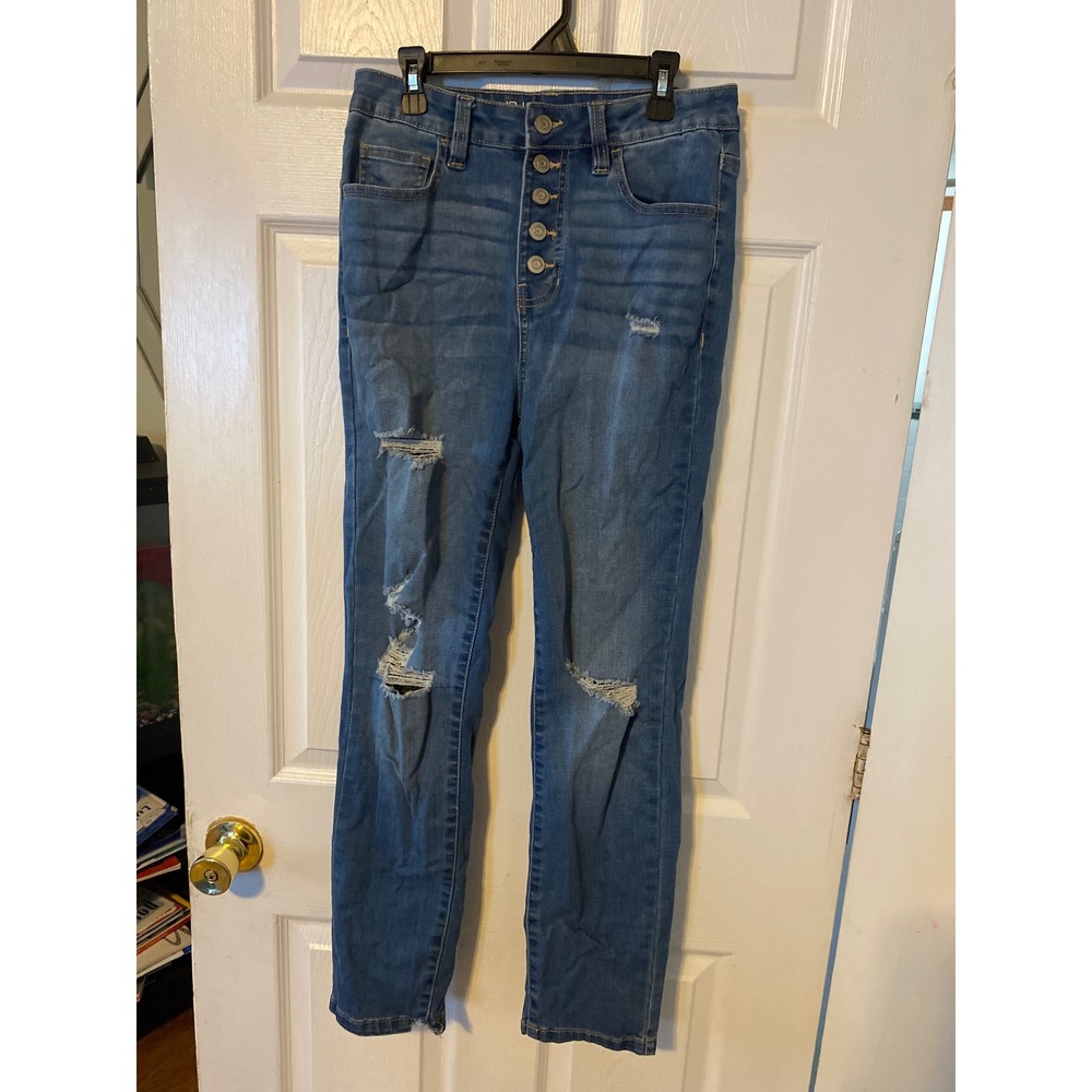 No Boundaries High Rise Distressed Button Fly Skinny Jeans Medium Wash Size 7
